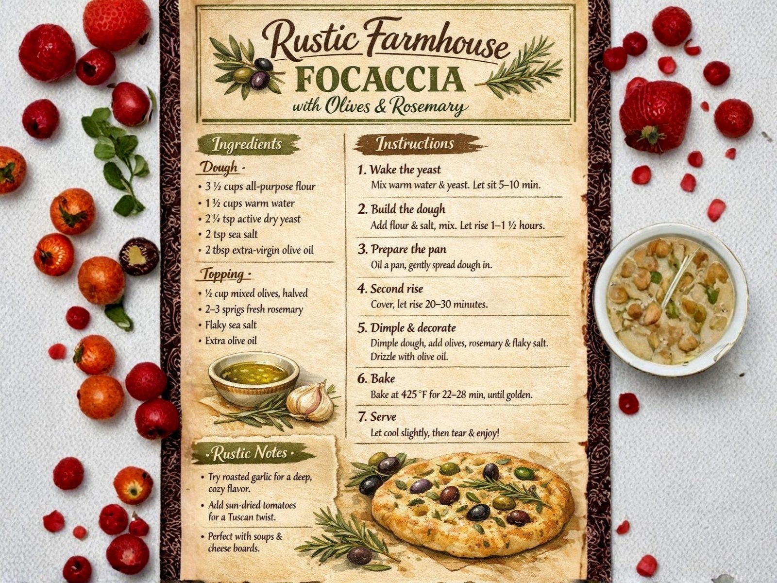 Rustic Farmhouse Focaccia with Olives & Rosemary